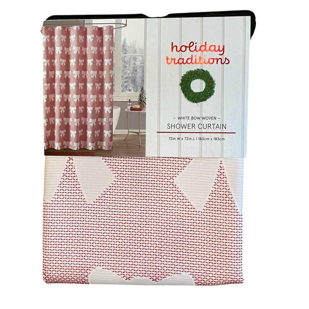 Holiday Traditions WHITE BOW Woven Shower Curtain  72x72 Red & White New